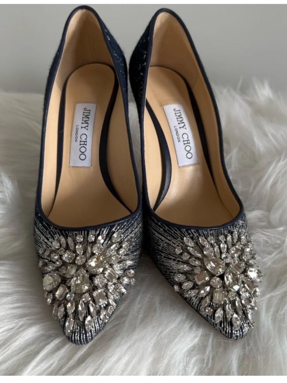 Jimmy Choo Navy Crystal-Embellished Pointed Pumps